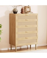 Gaomon 44-Inch Modern Boho Rattan 5-Drawer Dresser with Gold Legs and Handles, Anti-Tip Design for Bedroom and Living Room