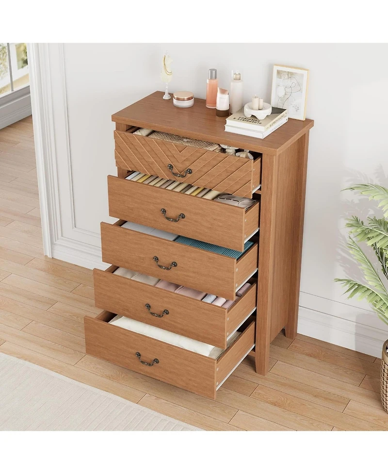 gaomon 5-Drawer Chest of Drawers Nightstand with Elegant V-Shape Design, Wooden Organizer Bedroom Dresser