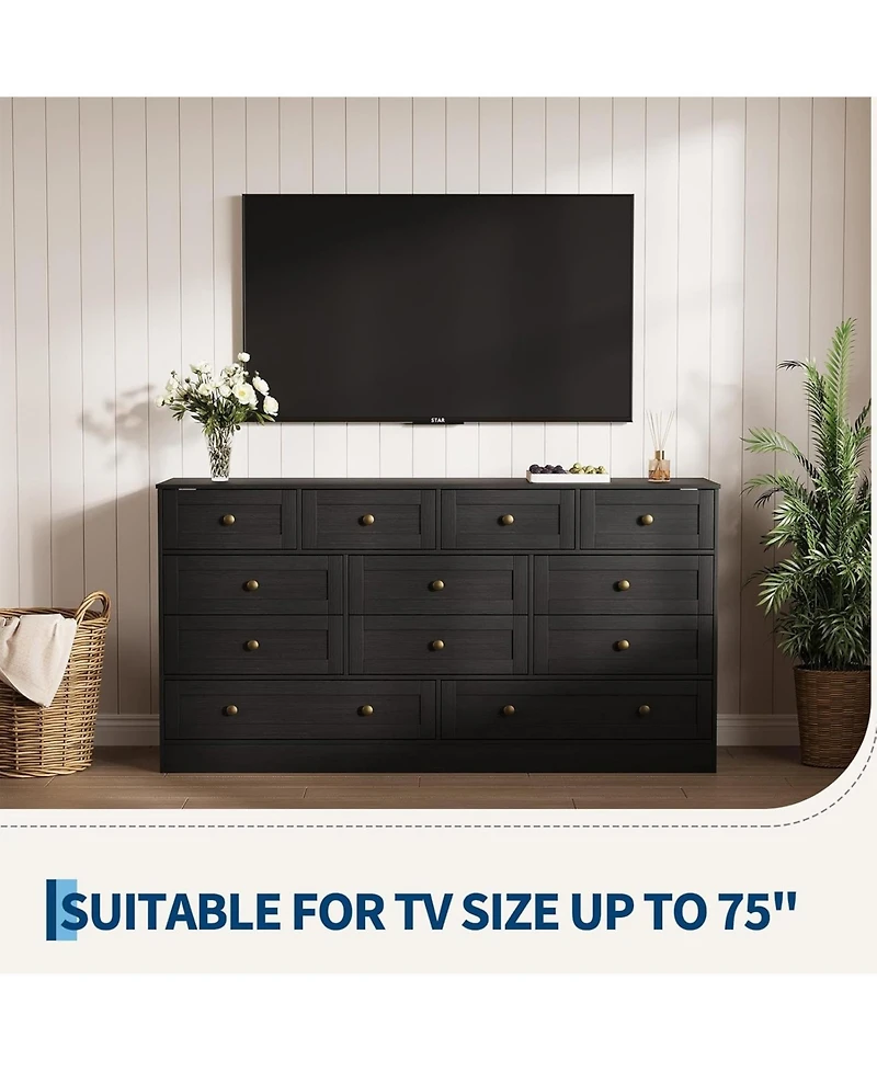 gaomon 12-Drawer Wooden Bedroom Dresser, Wide Chest with Storage Organizer & Tv Stand for 65" Tv, Clothes Living Room, Hallway, 61"x15.75"