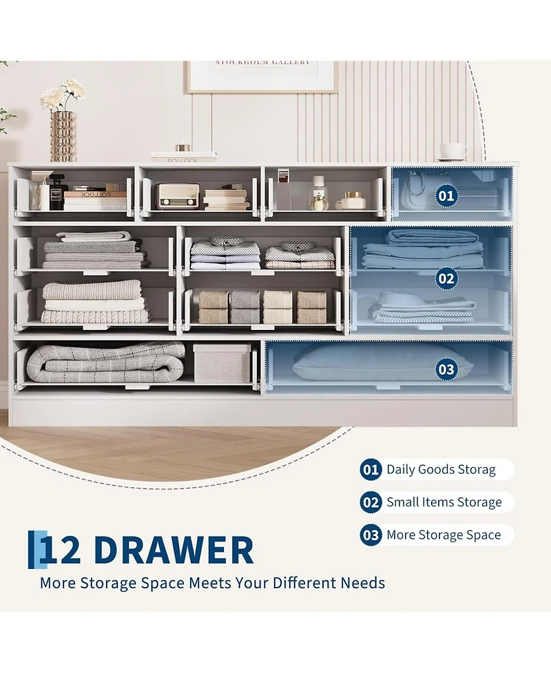 gaomon 12-Drawer Wooden Bedroom Dresser, Wide Chest with Storage Organizer & Tv Stand for 65" Tv, Clothes Storage for Living Room, Hallway, 61"x15.75"