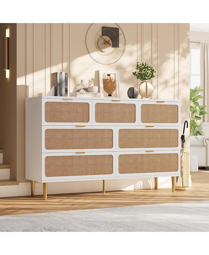 gaomon Rattan 7-Drawer Bedroom Dresser, Tall Modern Chest with Deep Drawers, Wide Top Wooden Closet Organizer for Living Room, Hallway, Kids Room