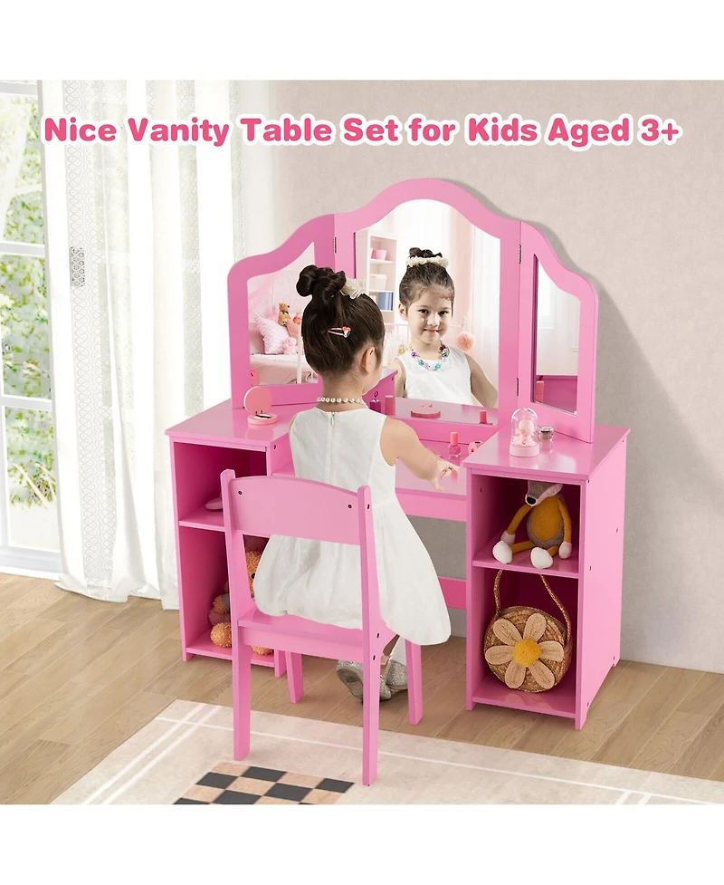 Gymax Kids Vanity 2 1 Princess Makeup Desk & Chair Set Safe Tri-fold Mirror