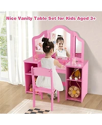 Gymax Kids Vanity 2 1 Princess Makeup Desk & Chair Set Safe Tri-fold Mirror