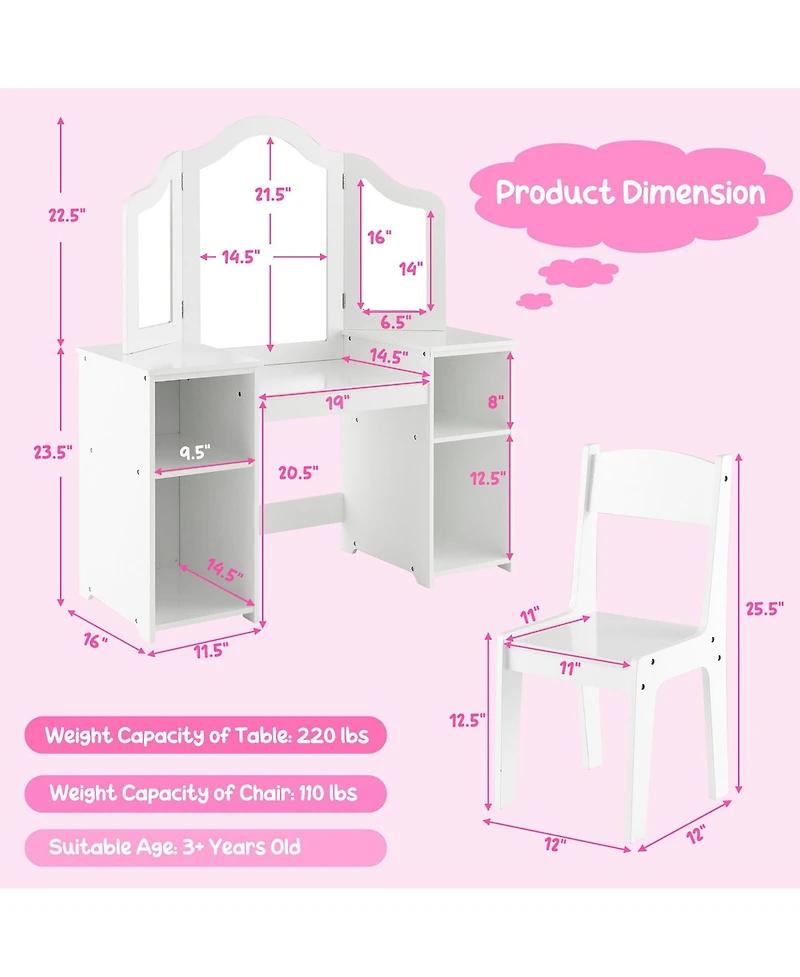 Gymax Kids Vanity 2 1 Princess Makeup Desk and Chair Set Safe Tri-fold Mirror