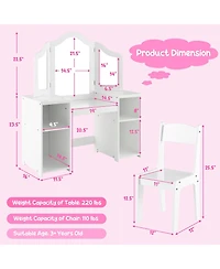 Gymax Kids Vanity 2 1 Princess Makeup Desk and Chair Set Safe Tri-fold Mirror