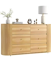 gaomon 60in Mid Century Wooden Dresser with 6 Drawers 2 Sliding Doors, Oak Fluted Storage Cabinet