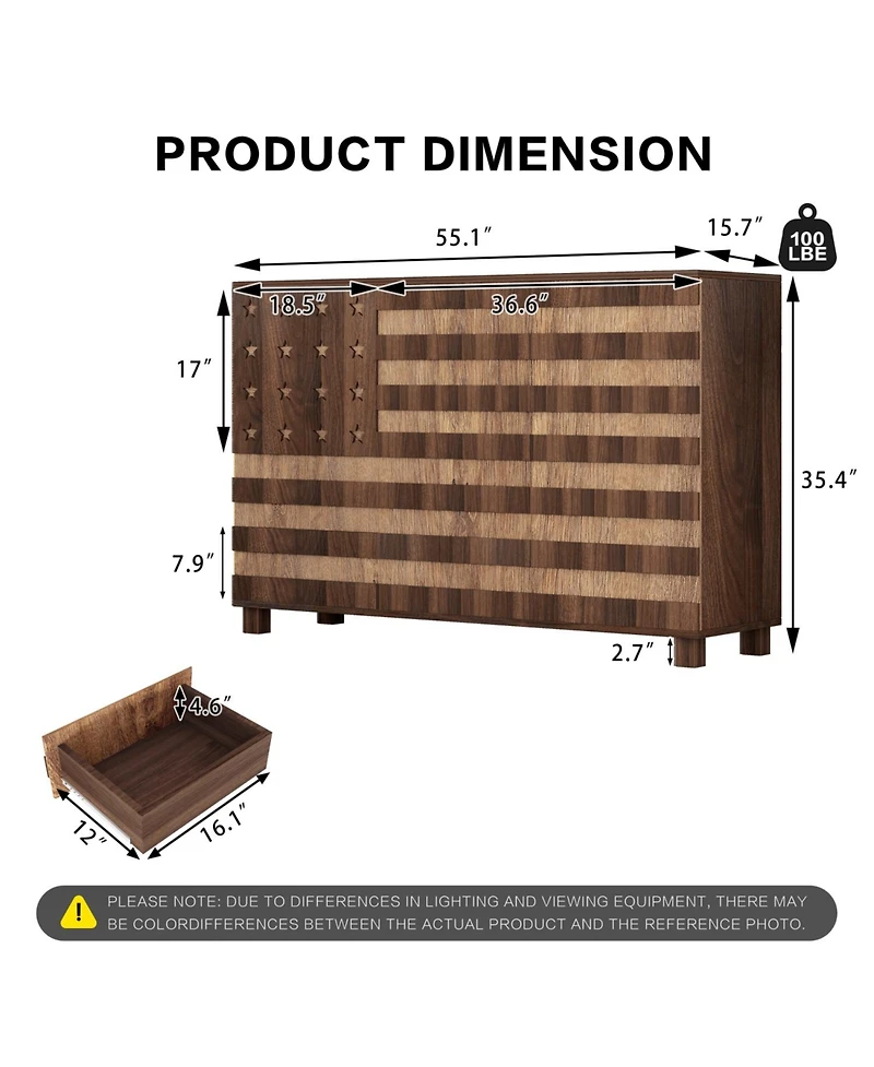 Streamdale Furniture 55" Buffet Sideboard Cabinet - Hand Carved, 2 Drawers, 3 Doors, Adjustable Shelves