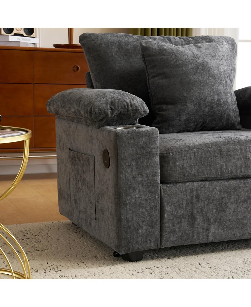 Streamdale Furniture Oversized Chenille Chair with Ottoman Usb & Cupholders