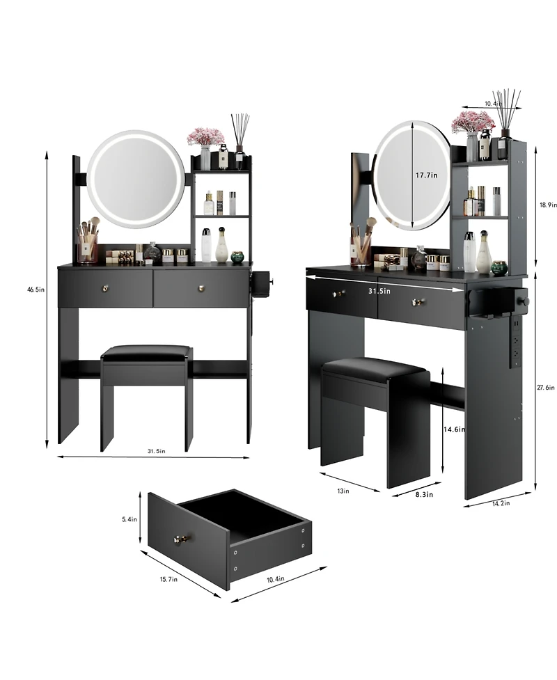 Streamdale Furniture 17" Led Vanity Table Set Touch 3 Colors Storage & Power
