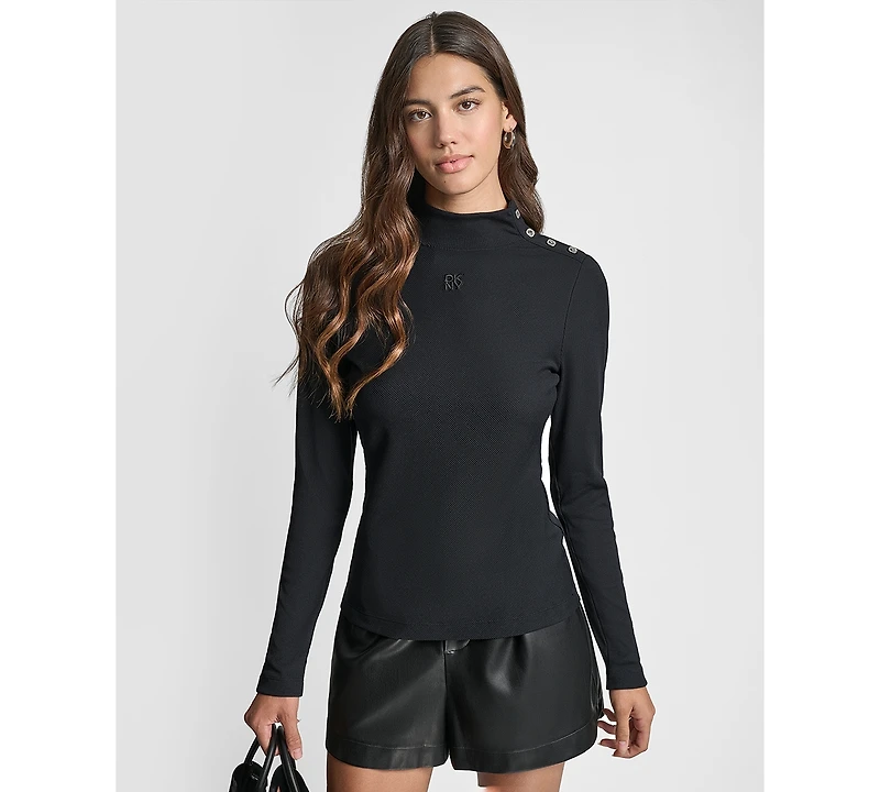 Dkny Jeans Women's Jewel Button Shoulder Mock Neck Long-Sleeve T-Shirt