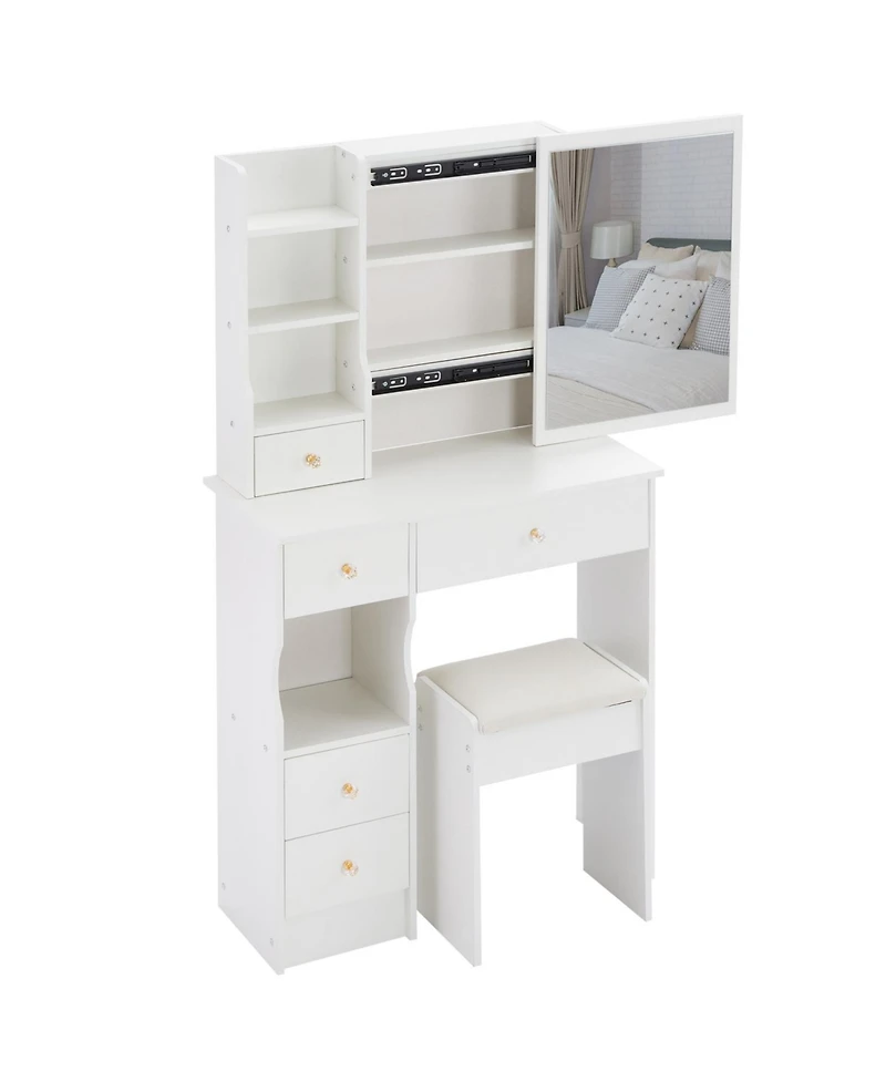 Streamdale Compact Vanity with Mirror & Stool, Multi-Layer Storage