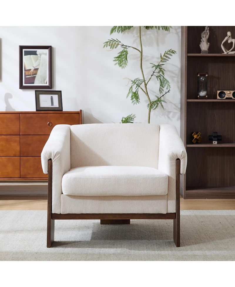 Streamdale Furniture Streamdale Mid-Century Modern Accent Chair White Fabric, Deep Cushions, Wide Armrests