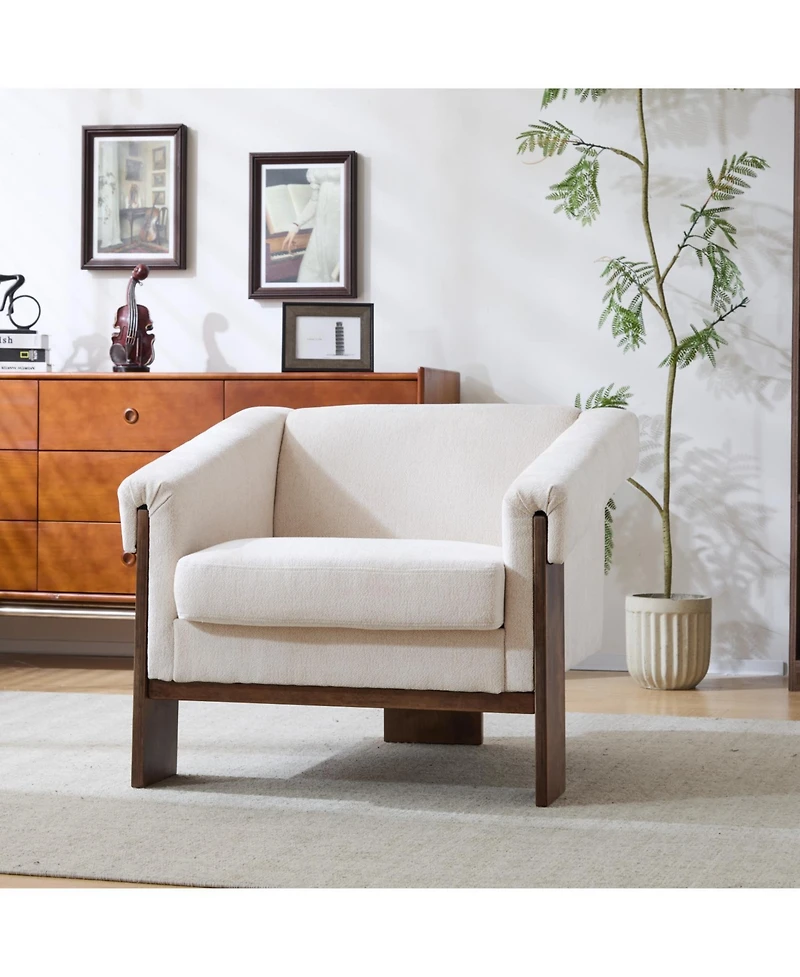 Streamdale Furniture Streamdale Mid-Century Modern Accent Chair White Fabric, Deep Cushions, Wide Armrests