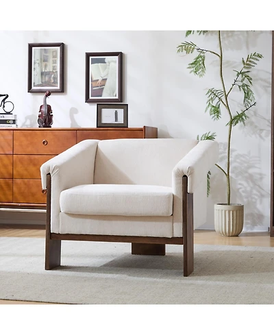 Streamdale Furniture Streamdale Mid-Century Modern Accent Chair White Fabric, Deep Cushions, Wide Armrests