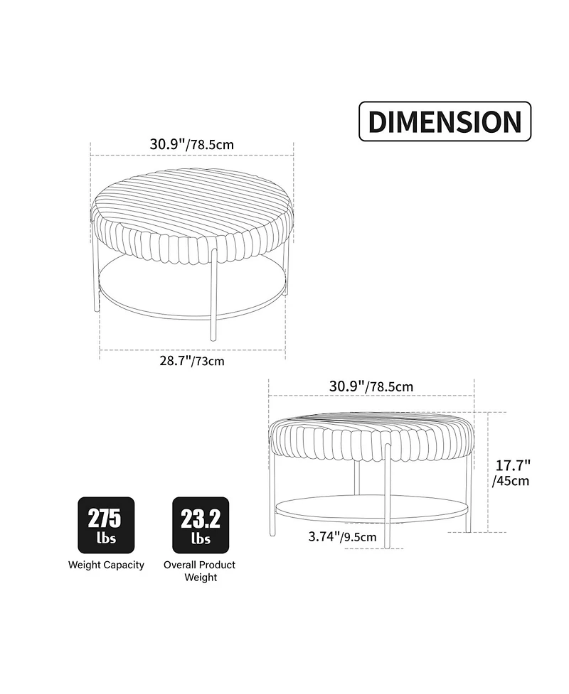 Streamdale Furniture Upholstered Round Ottoman Coffee Table with Storage