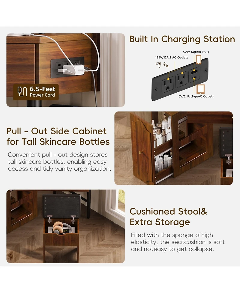 Streamdale Corner Vanity Desk Set, Cushioned Stool, Charging Station, Black