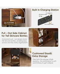 Streamdale Corner Vanity Desk Set, Cushioned Stool, Charging Station, Black