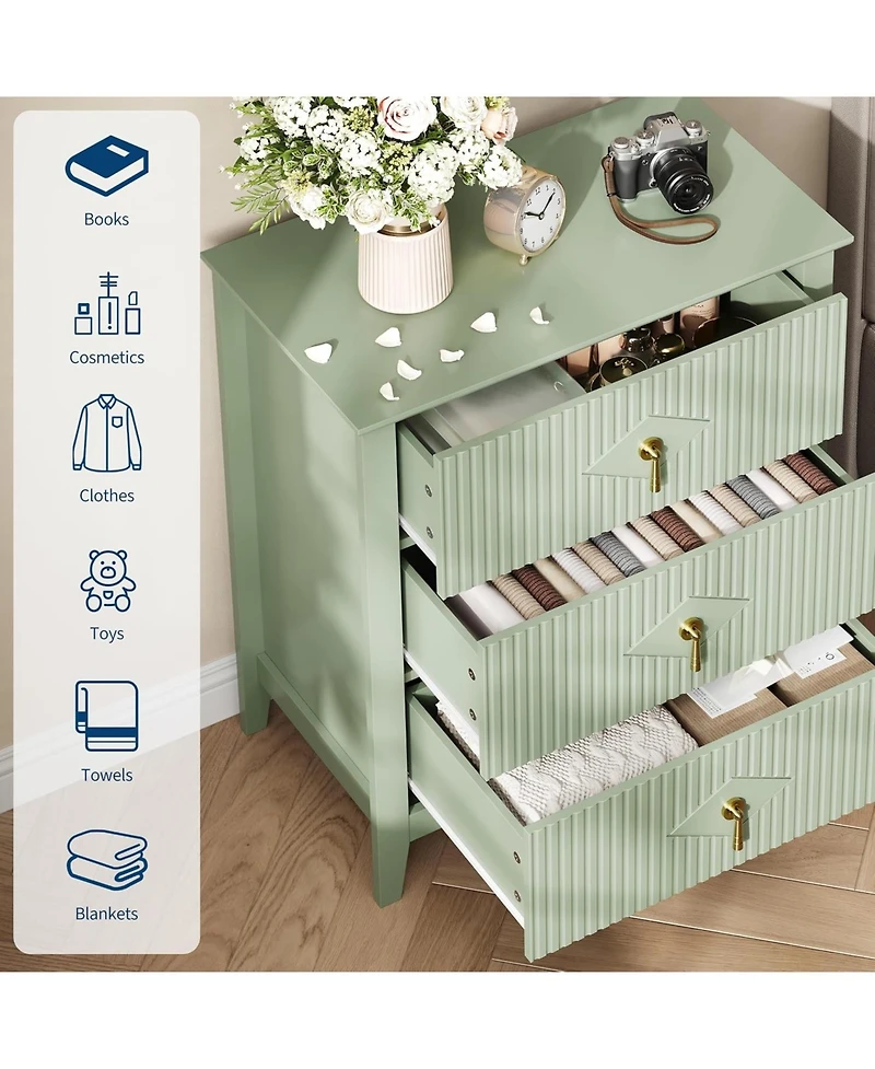 Gaomon Fluted Dresser 27.5"W, 3-Drawer Wood Chest, Modern Bedroom Storage Cabinet