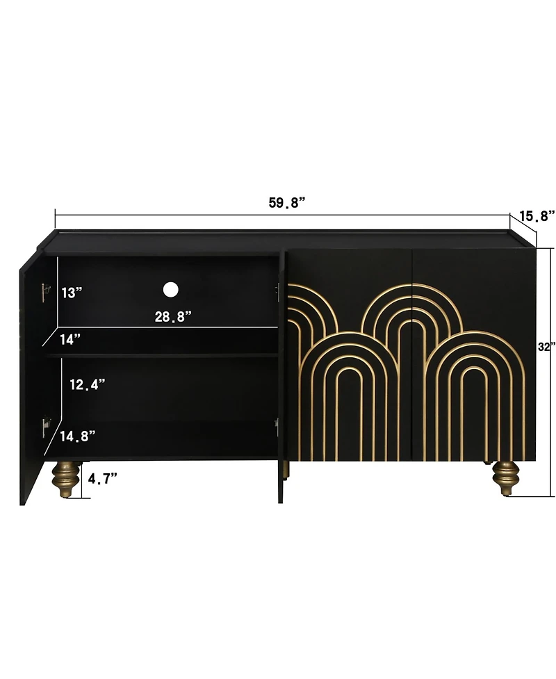 Streamdale Furniture Streamdale Black Fluted Sideboard Buffet - 4 Doors, Adjustable Shelves