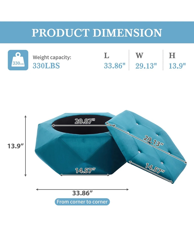 Streamdale Furniture Velvet Diamond Tufted Storage Ottoman - Footrest/Seating