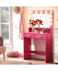 Streamdale Furniture Rose Pink Vanity Desk with Lighted Mirror & Drawers