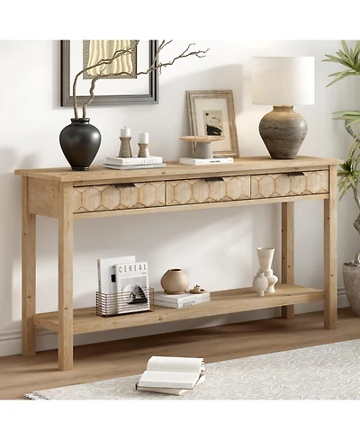 Streamdale Furniture 60" Fir Veneer Entryway Table with Honeycomb Fronts & 3 Drawers