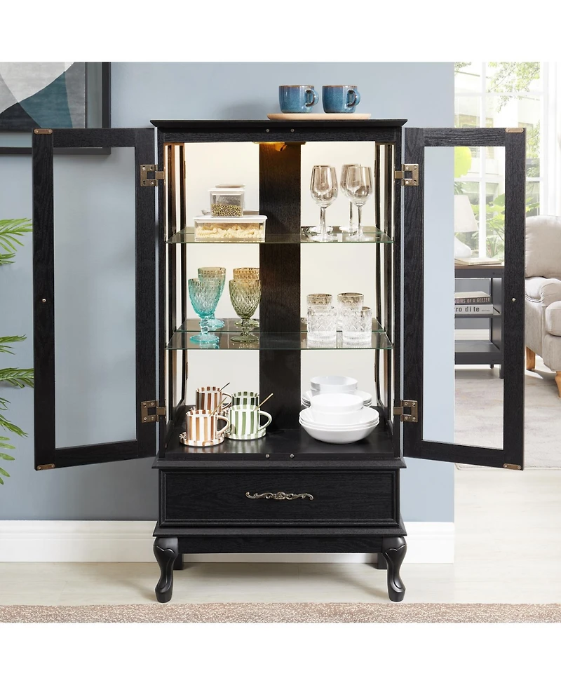 Streamdale Furniture Lighted Curio Cabinet with Glass Doors, Led Lights, Black Finish