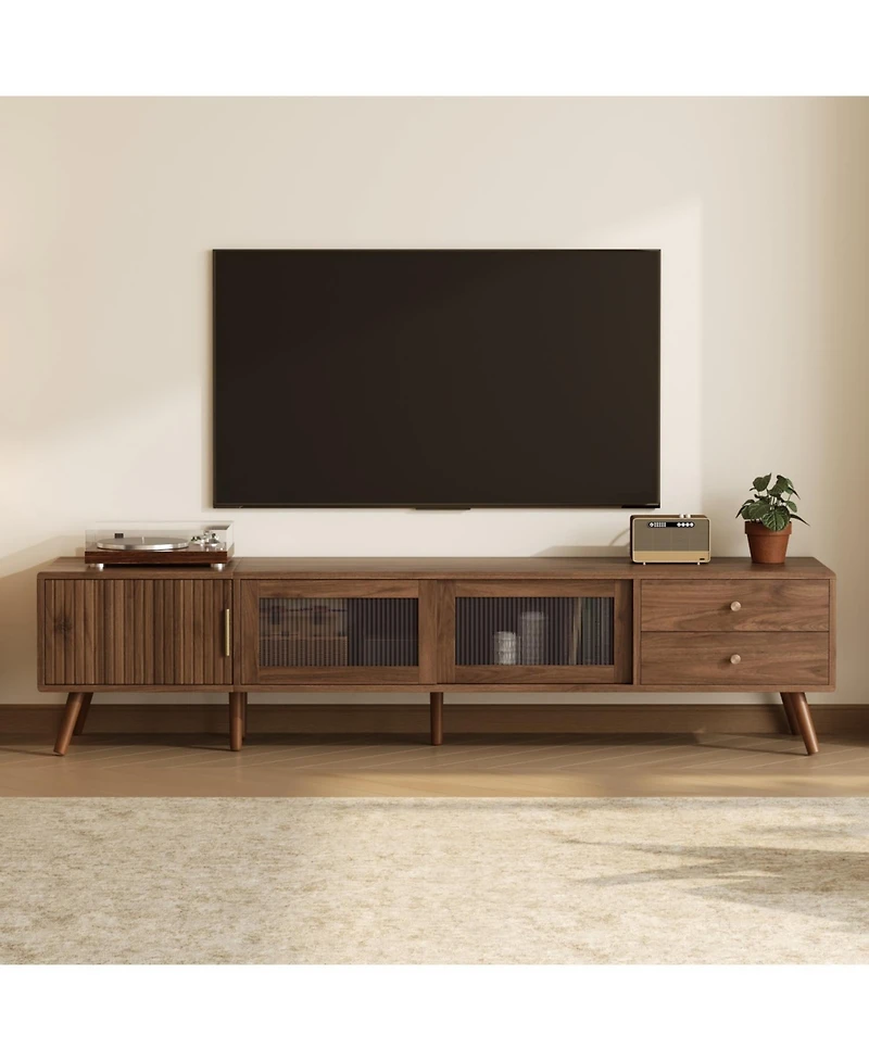 Streamdale Furniture 76" Modern Glass-Door Tv Stand for 85" TVs, Wood-Grain Entertainment Center