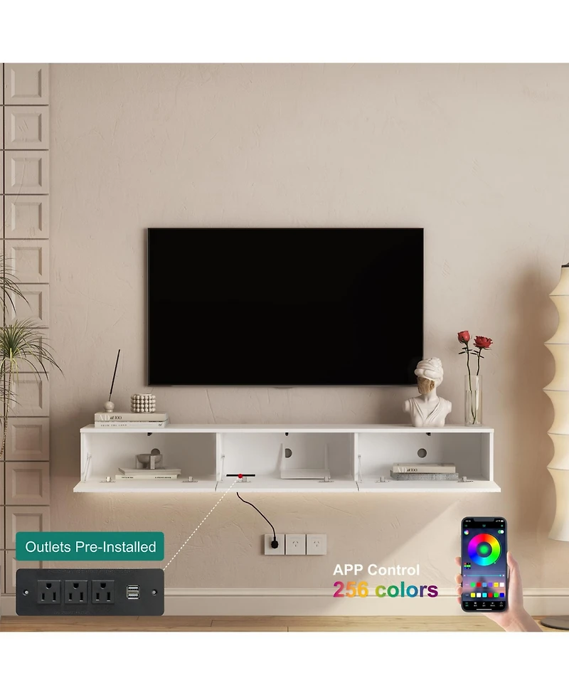 Streamdale Furniture Floating Tv Stand w/ Led, 67" Modern Entertainment Center, White