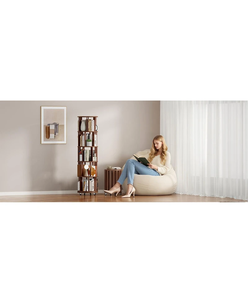 Streamdale Furniture Rotating Wood Bookshelf on Wheels - 5 Tier - Walnut
