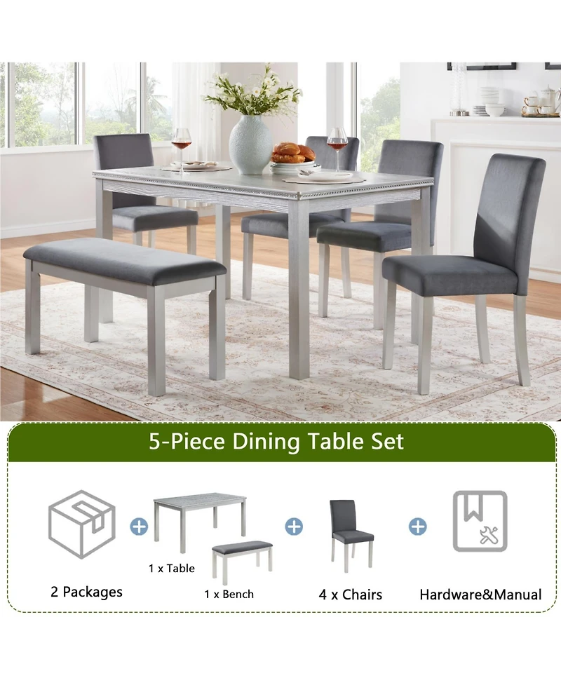 Streamdale Furniture Wooden Dining Table Set with 4 Chairs & Bench - Silver Grey