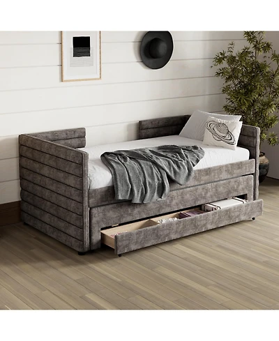 Streamdale Furniture Twin Upholstered Daybed with Trundle & 3 Drawers, Chenille