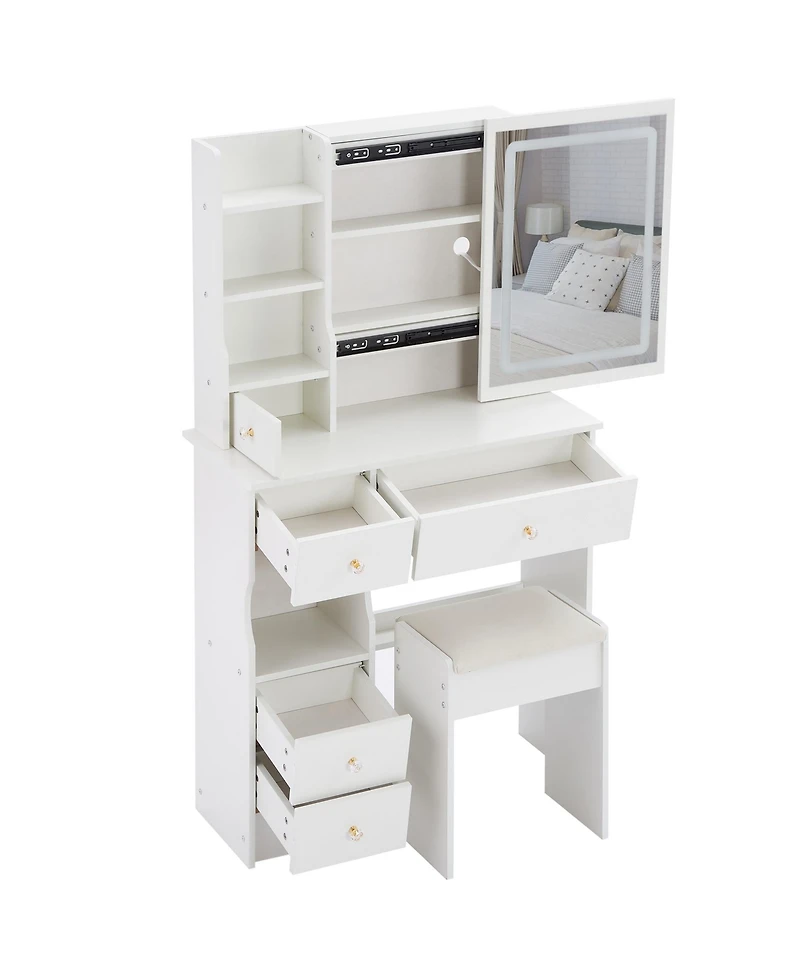 Streamdale Furniture 29.2" Vanity Table w/ Led Mirror, Stool, Power, & Hair Dryer Bracket