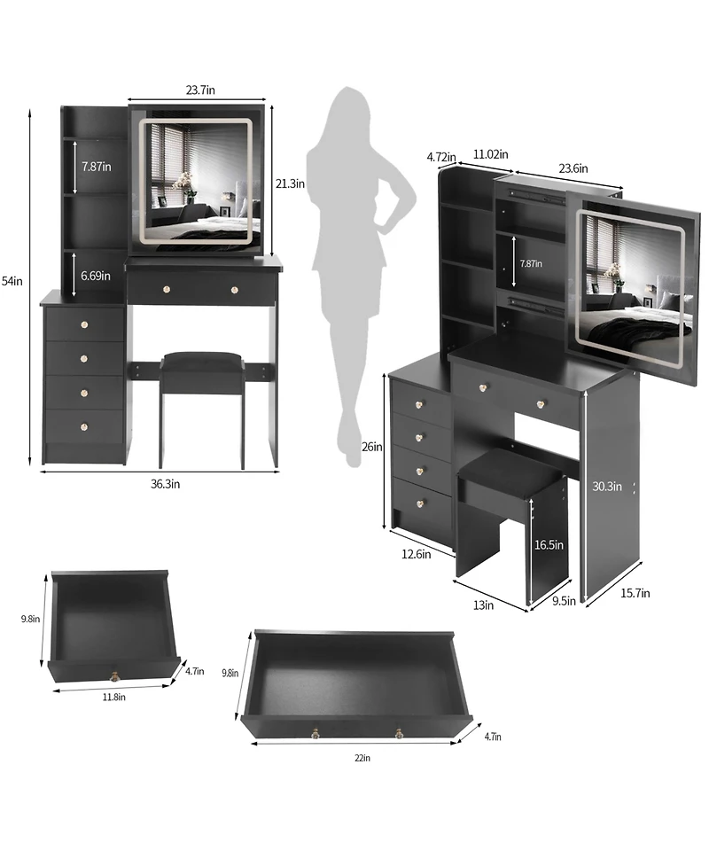 Streamdale Furniture 37" Led Mirror Vanity Table with Stool