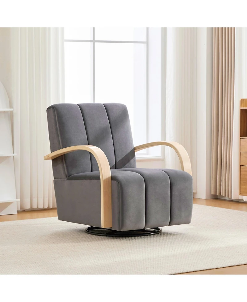 Streamdale Furniture Streamdale 30.7" Swivel Accent Chair - Channel Tufted, Solid Wood Arms - Charcoal