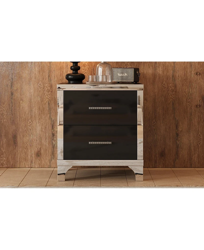 Streamdale Furniture Elegant High Gloss Nightstand with Metal Handle,Mirrored Bedside Table 2 Drawers