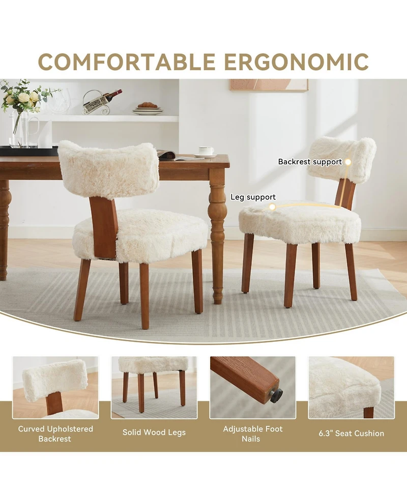 Streamdale Furniture Fur Fabric Armless Dining Chairs, Curved Back, Wood Legs, Ivory (Set of 2