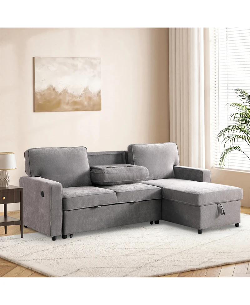 Streamdale Furniture Grey Sectional Sleeper Sofa with Storage, Usb & Cup Holders