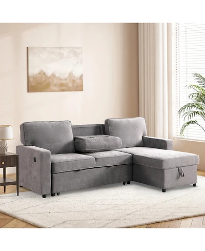 Streamdale Furniture Grey Sectional Sleeper Sofa with Storage, Usb & Cup Holders