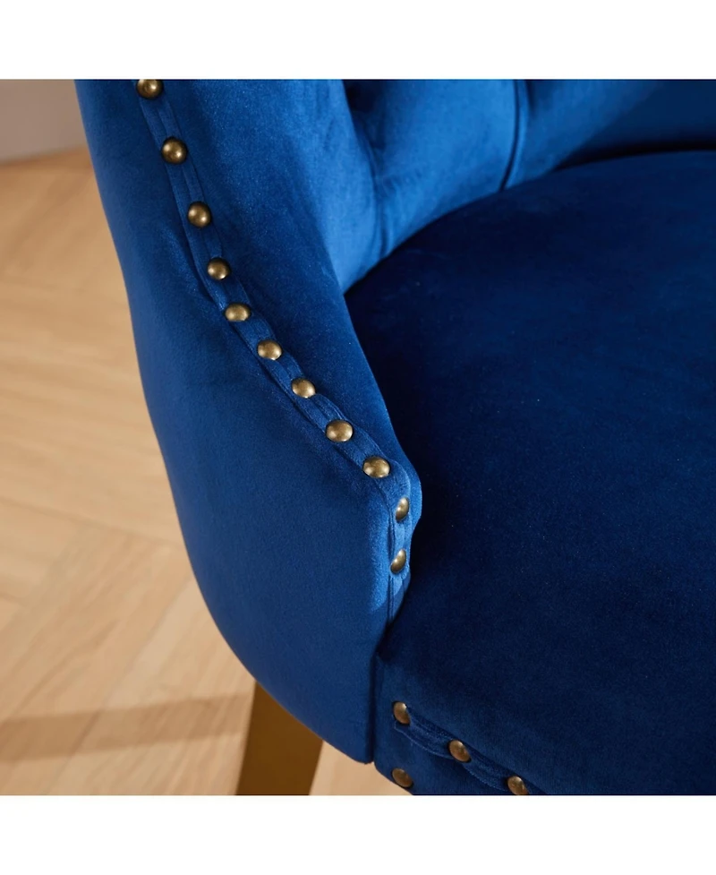 Streamdale Furniture Mid-Century Tufted Velvet Dining Chairs, Lion Head Ring, Gold Legs, Blue, 2-Pcs