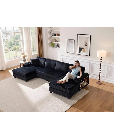 Streamdale Furniture Convertible Corduroy U-Shaped Sofa, Modern 4 Seat Couch