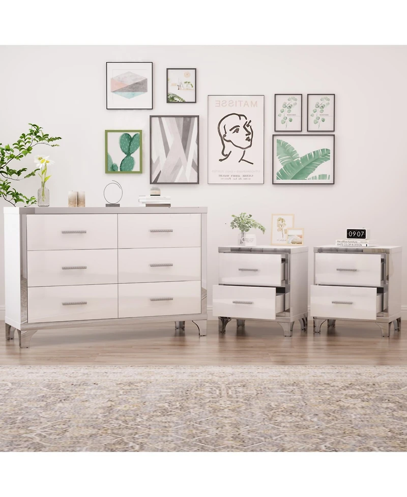 Streamdale Furniture 3-Pieces Sets,Dresser and Two Nightstands with Metal Handles and Mirror Decoration, Elegant and