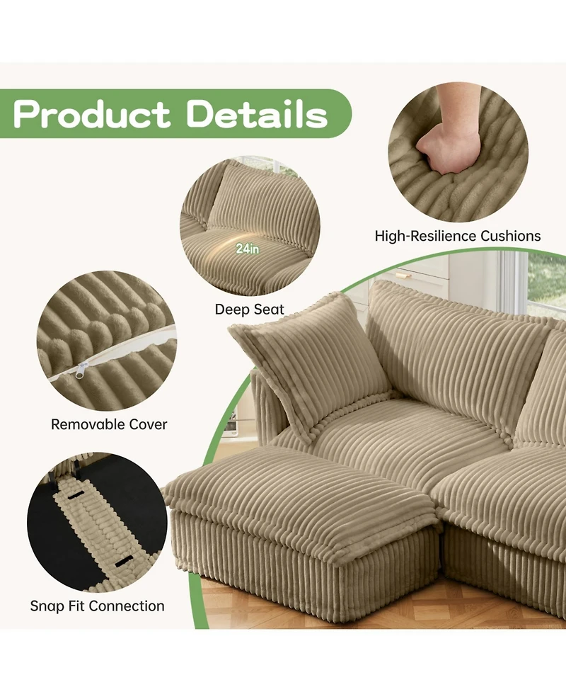 Streamdale Furniture Corduroy Camel 3-Seat Sofa with Ottomans