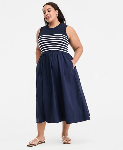 On 34th Trendy Plus Mixed-Media Striped Midi Dress, Macy's Exclusive