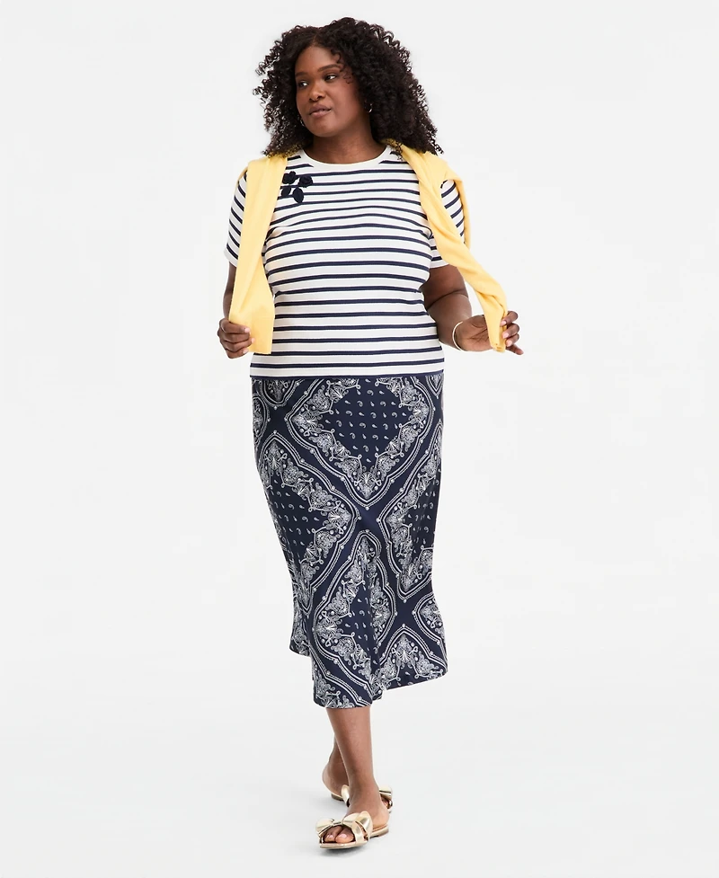 On 34th Trendy Plus Embroidered Striped Short-Sleeve Top, Macy's Exclusive