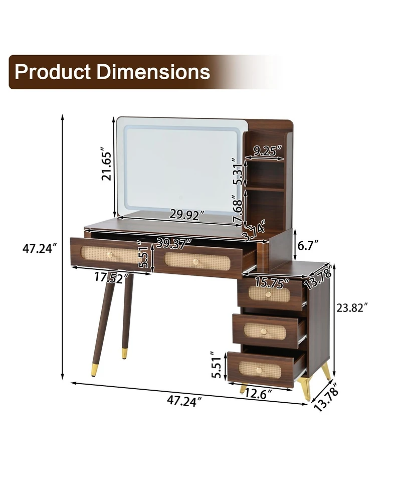 Streamdale Furniture 47" Lighted Vanity Desk with Rattan Drawers - Dark Walnut