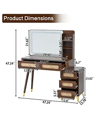 Streamdale Furniture 47" Lighted Vanity Desk with Rattan Drawers - Dark Walnut