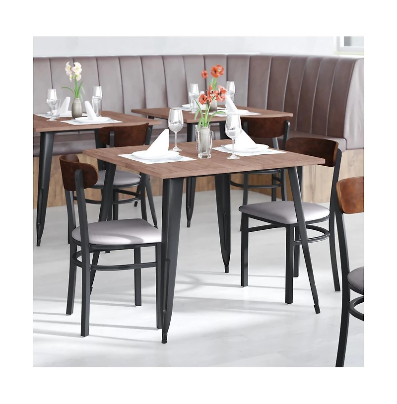 Emma+Oliver Yara Industrial Dining Chair with Rolled Steel Frame and Solid Wood Seat - 500 lbs. Static Weight Capacity