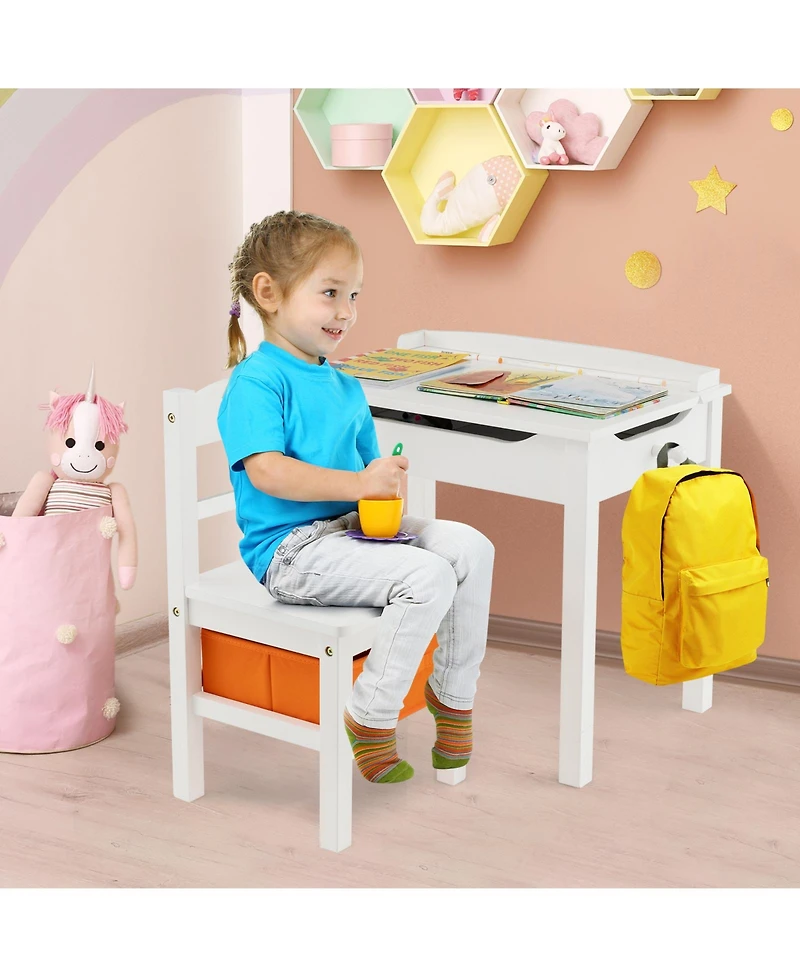Gymax Kids Table and Chair Set Wood Activity Study Desk w/ Storage Drawer Hook