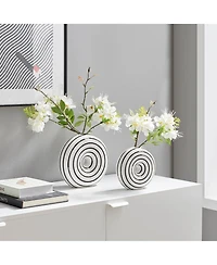 Danya B Etta Two Piece Ceramic Black and White Striped Donut Vase Set